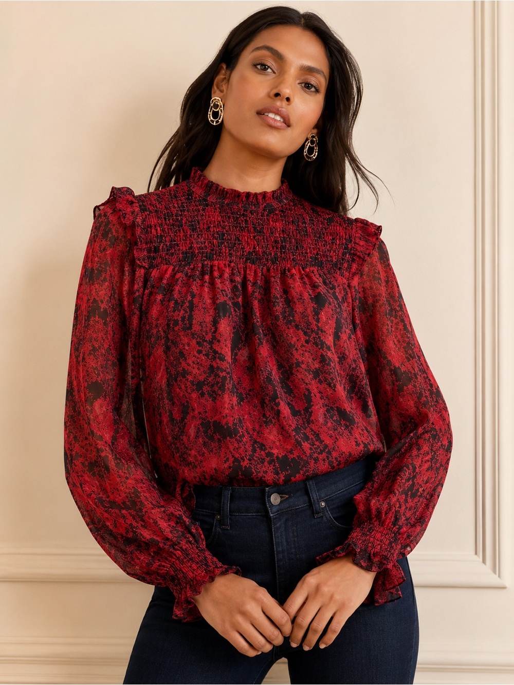 Elan NWT Smocked Mock Neck Abstract Print Blouse Red Black Sheer Women Size M